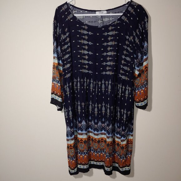 Meanor Boho Empire Waist Floral Pleated Midi Dress Size XL NAVY LUE - Picture 3 of 7